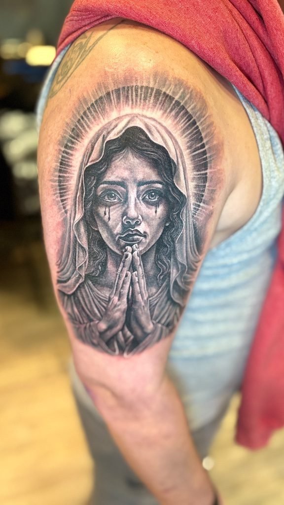 Virgin Dolorosa arm piece, black and grey realism